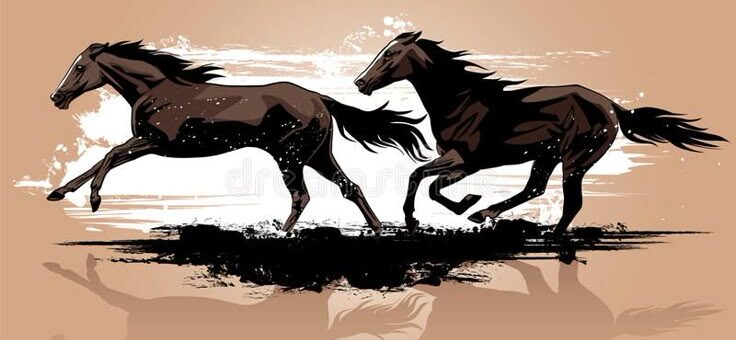 Illustration of two wild horses running side by side with dynamic brushstroke effects on a beige background.