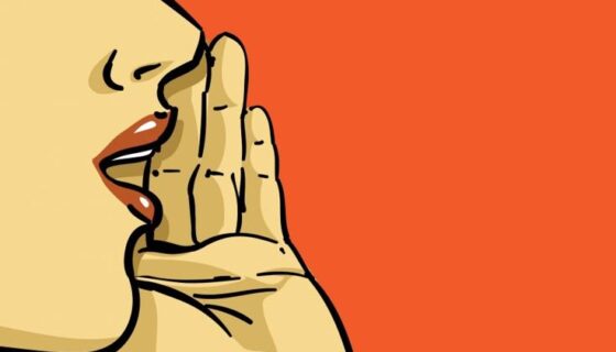 Illustration of a person whispering, with a hand cupped around their mouth against a bold orange background—symbolizing word-of-mouth communication.