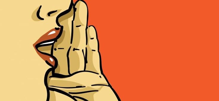 Illustration of a person whispering, with a hand cupped around their mouth against a bold orange background—symbolizing word-of-mouth communication.