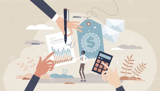 Illustration of a small person standing amidst large hands holding documents, a calculator, and a price tag, symbolizing business pricing strategy and financial planning.