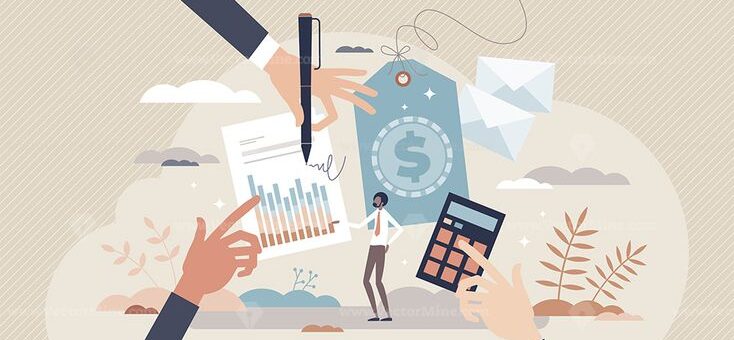 Illustration of a small person standing amidst large hands holding documents, a calculator, and a price tag, symbolizing business pricing strategy and financial planning.