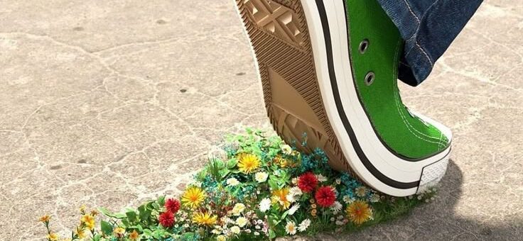 A person wearing green sneakers and blue jeans steps forward on a cracked concrete surface, leaving behind a footprint made of vibrant, blooming flowers and grass.