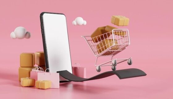 3D illustration of a shopping cart full of boxes emerging from a smartphone, symbolizing the need to sell your free offer in digital marketing and online promotions.