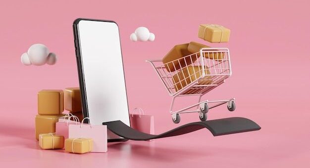 3D illustration of a shopping cart full of boxes emerging from a smartphone, symbolizing the need to sell your free offer in digital marketing and online promotions.